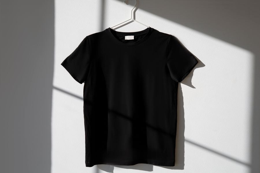 Photograph of a black T-shirt on a hanger